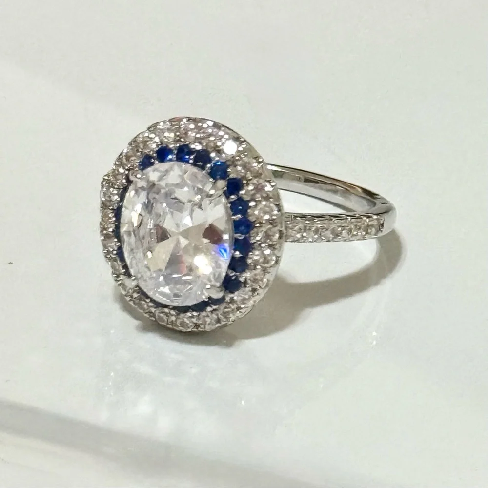 925 Sterling Silver Oval cut white Blue Cubic Zirconia Infinity Band Ring Sz 9 - Picture 5 of 6